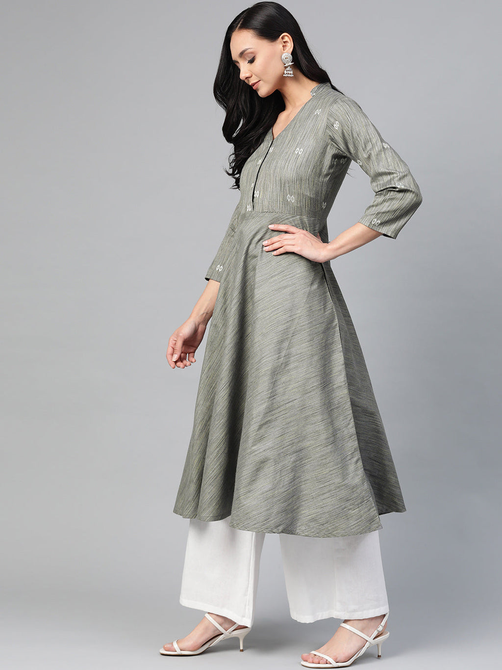Jompers Women Grey Woven Design Flaired Kurta - Distacart