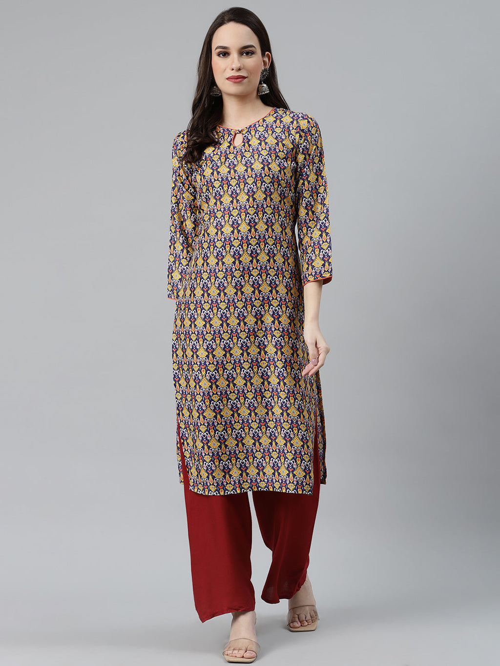 Jompers Women Blue & Yellow Geometric Printed Keyhole Neck Kurta - Distacart