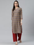 Jompers Women Blue & Yellow Geometric Printed Keyhole Neck Kurta - Distacart