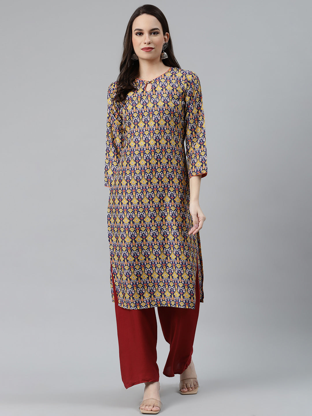 Jompers Women Blue & Yellow Geometric Printed Keyhole Neck Kurta - Distacart