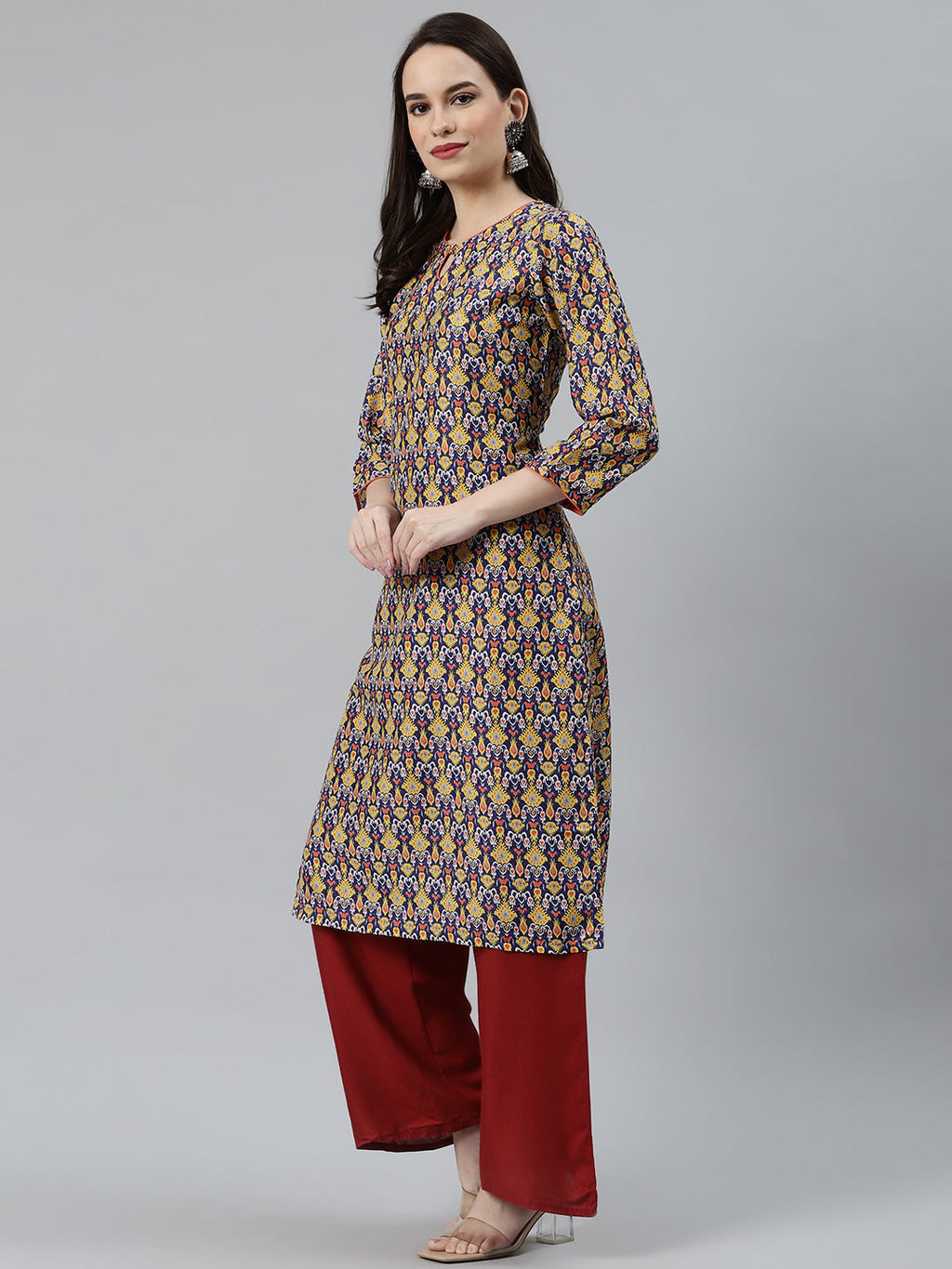Jompers Women Blue & Yellow Geometric Printed Keyhole Neck Kurta - Distacart