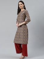 Jompers Women Blue & Yellow Geometric Printed Keyhole Neck Kurta - Distacart