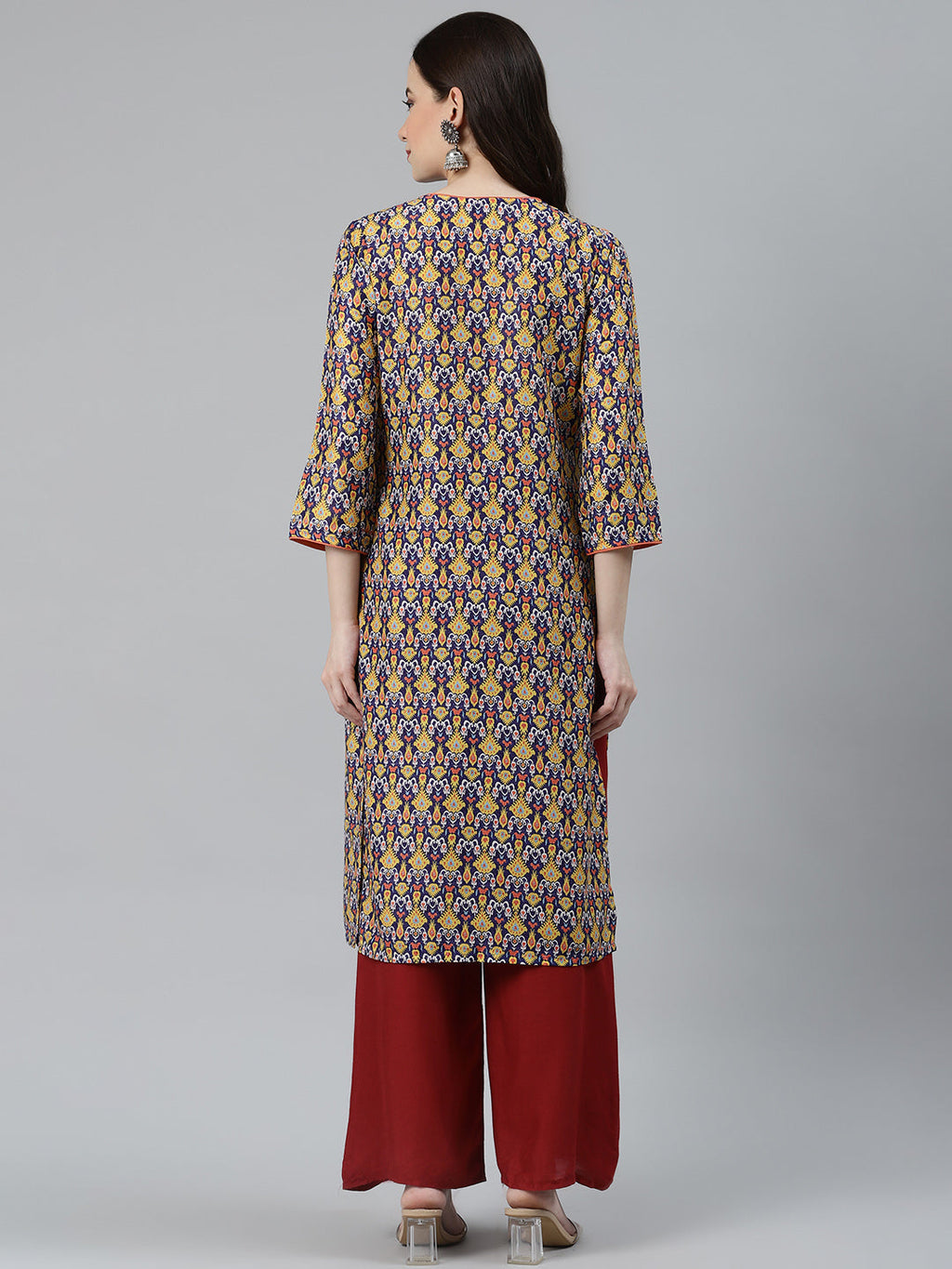 Jompers Women Blue & Yellow Geometric Printed Keyhole Neck Kurta - Distacart