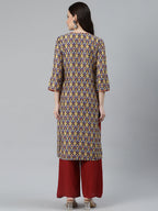 Jompers Women Blue & Yellow Geometric Printed Keyhole Neck Kurta - Distacart