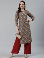 Jompers Women Blue & Yellow Geometric Printed Keyhole Neck Kurta - Distacart