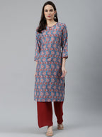 Jompers Women Blue & Red Ethnic Motifs Printed Keyhole Neck Kurta - Distacart