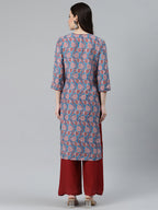 Jompers Women Blue & Red Ethnic Motifs Printed Keyhole Neck Kurta - Distacart