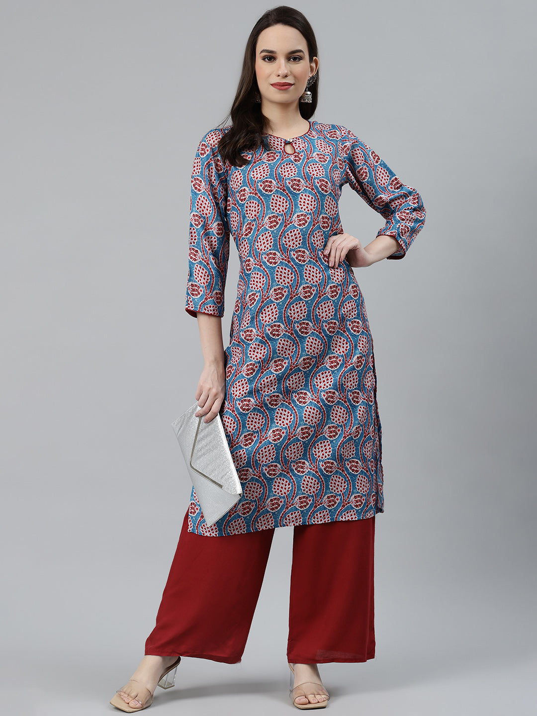Jompers Women Blue & Red Ethnic Motifs Printed Keyhole Neck Kurta - Distacart