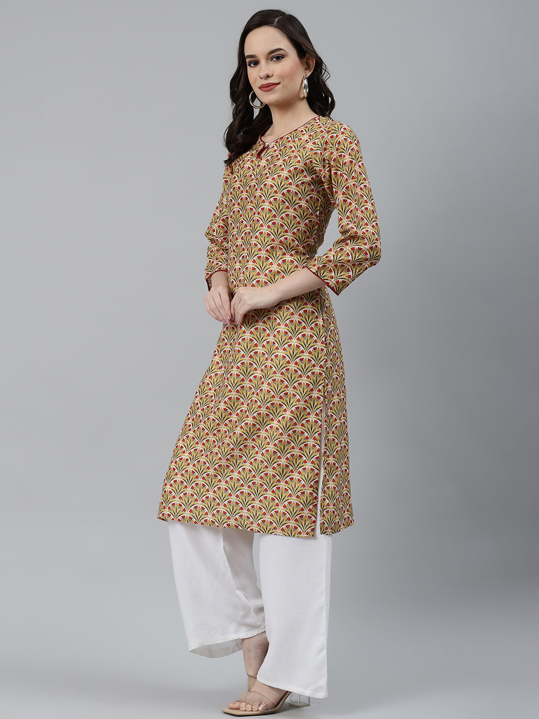 Jompers Women Yellow & Maroon Floral Printed Keyhole Neck Kurta - Distacart