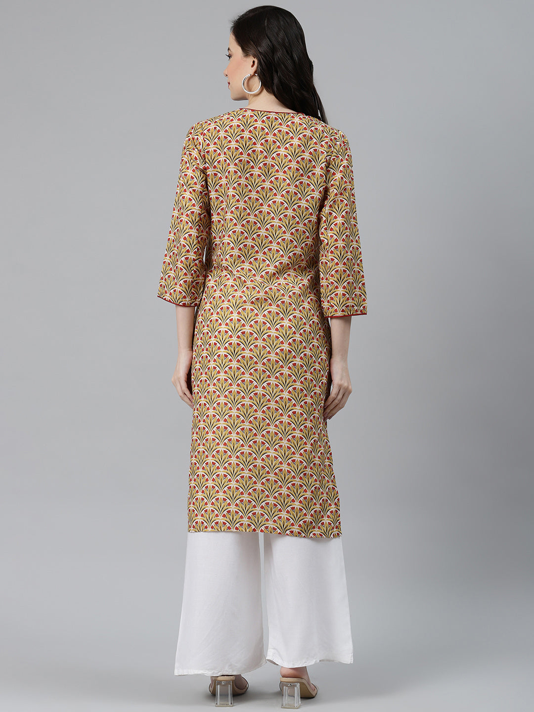 Jompers Women Yellow & Maroon Floral Printed Keyhole Neck Kurta - Distacart