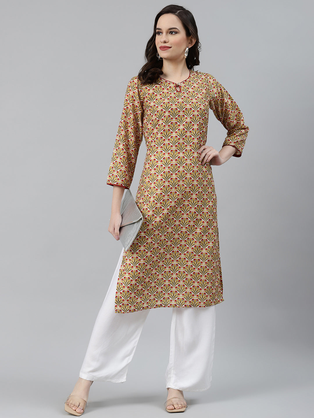 Jompers Women Yellow & Maroon Floral Printed Keyhole Neck Kurta - Distacart