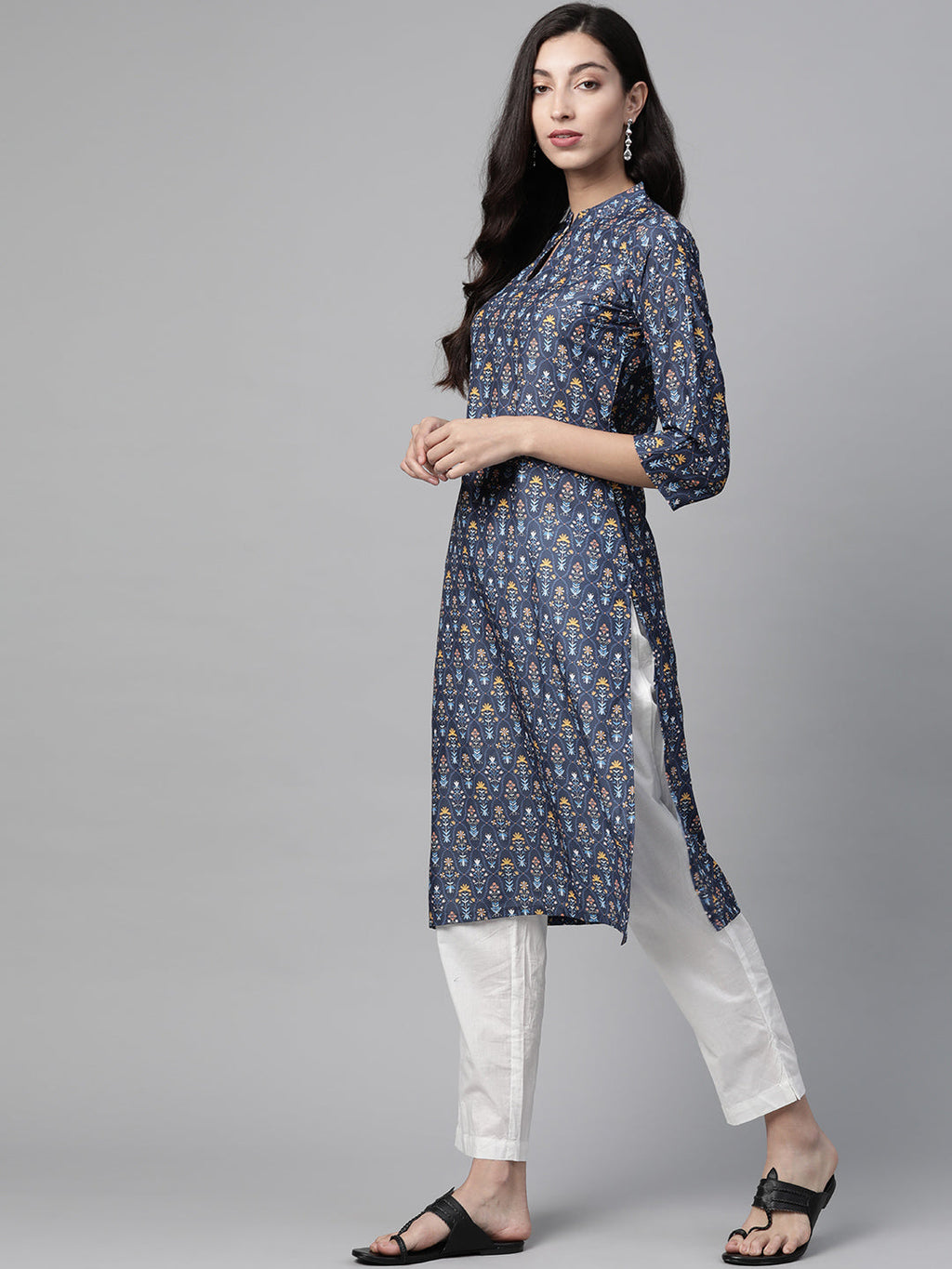 Jompers Women Blue & Yellow Floral Printed Keyhole Neck Floral Kurta - Distacart