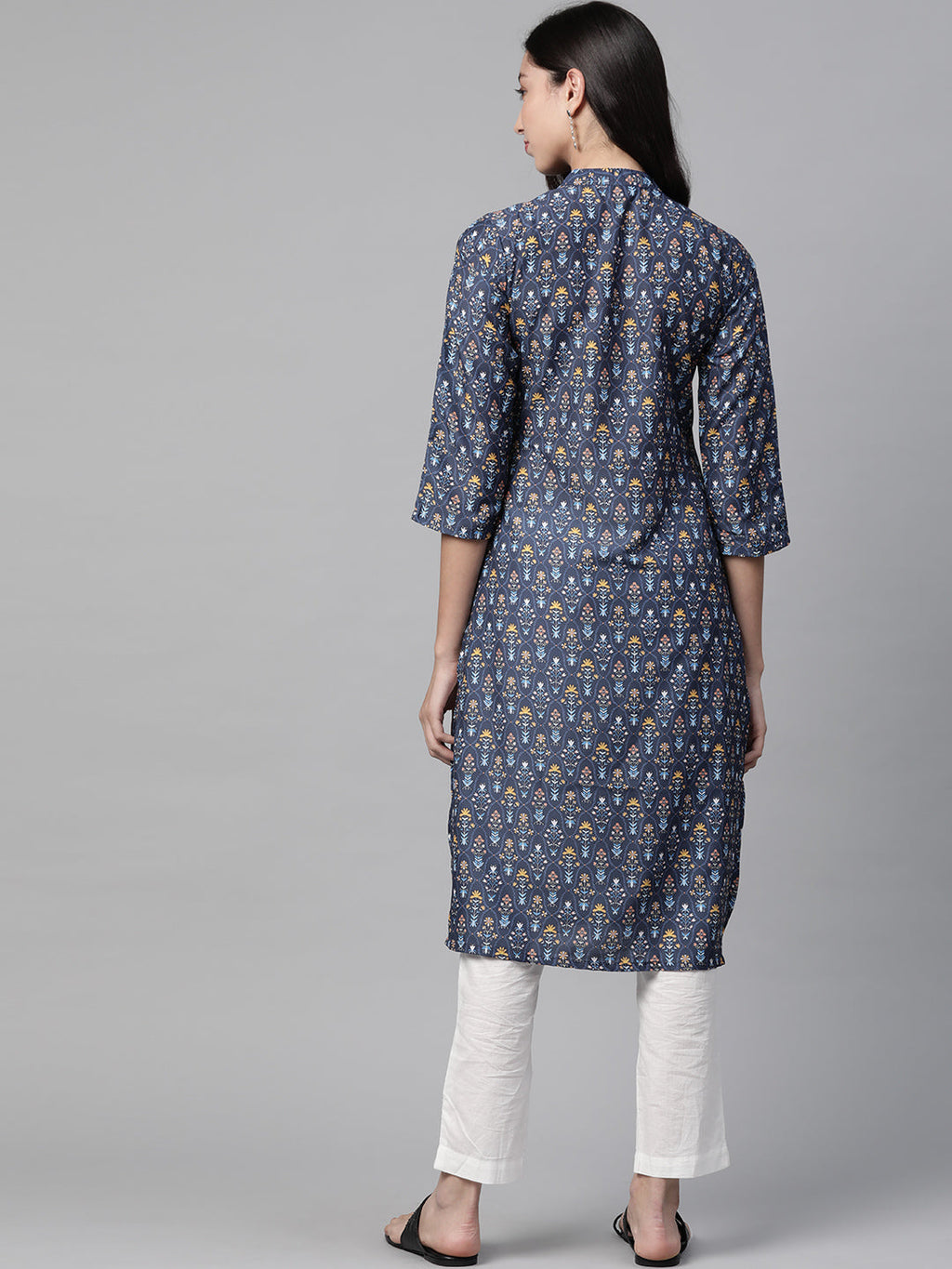 Jompers Women Blue & Yellow Floral Printed Keyhole Neck Floral Kurta - Distacart