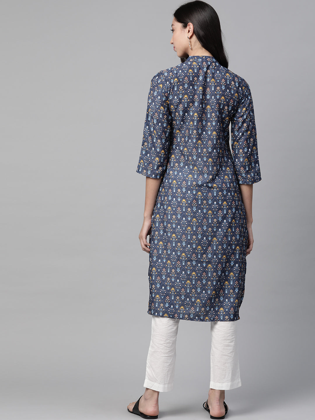Jompers Women Blue & Yellow Floral Printed Keyhole Neck Floral Kurta - Distacart