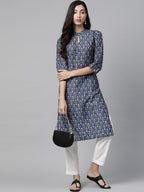 Jompers Women Blue & Yellow Floral Printed Keyhole Neck Floral Kurta - Distacart