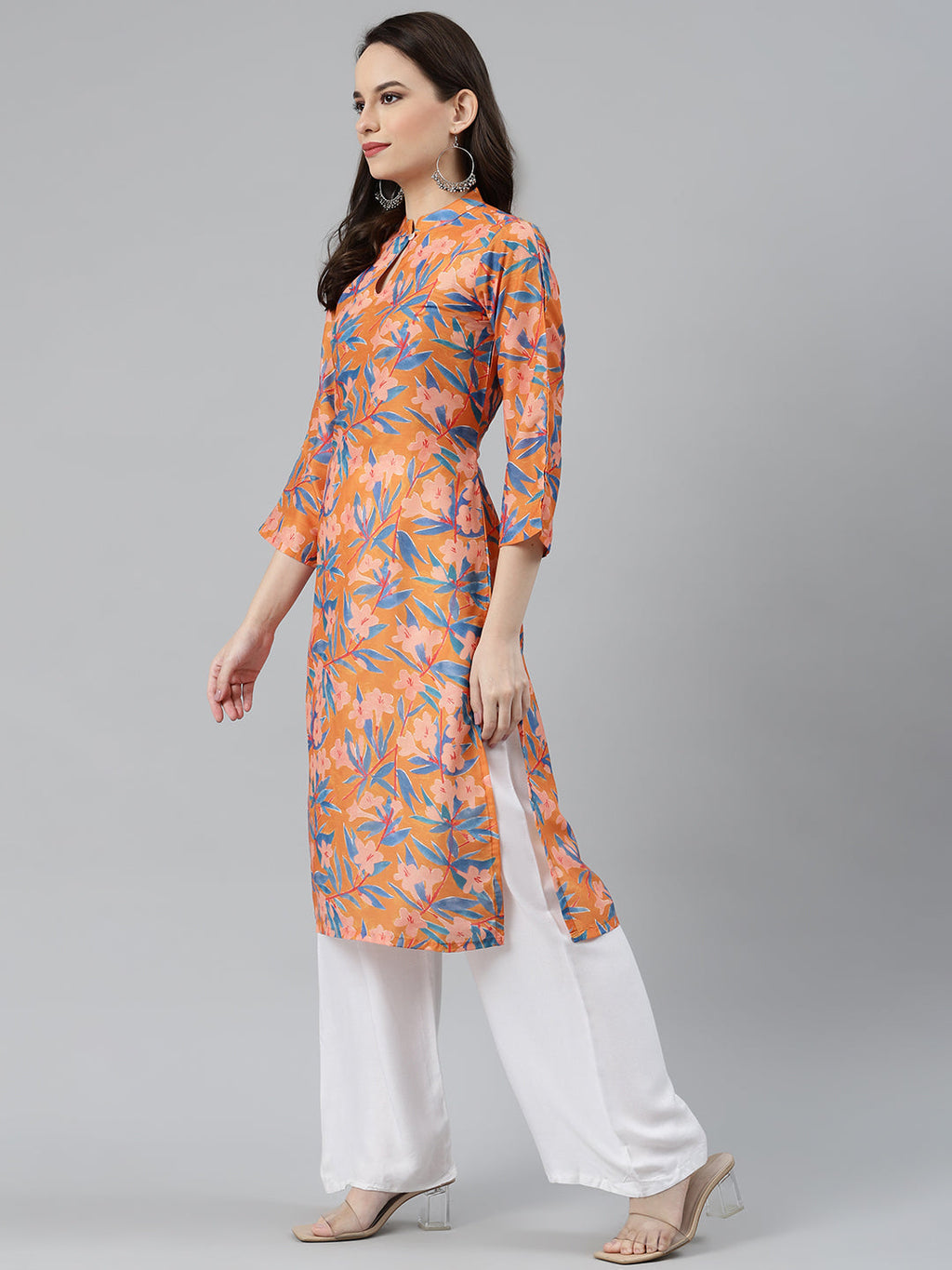 Jompers Women Orange & Blue Floral Printed Keyhole Neck Floral Kurta - Distacart