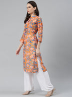 Jompers Women Orange & Blue Floral Printed Keyhole Neck Floral Kurta - Distacart