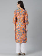 Jompers Women Orange & Blue Floral Printed Keyhole Neck Floral Kurta - Distacart