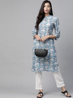 Jompers Women Blue & White Floral Printed Keyhole Neck Floral Kurta - Distacart