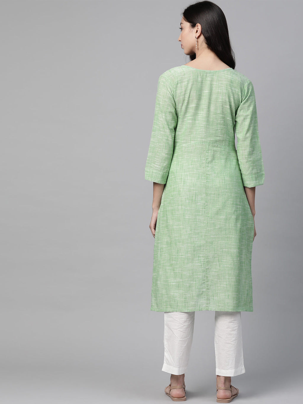 Jompers Women Green Pure Cotton Striped Pleated Kurta - Distacart