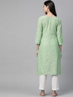 Jompers Women Green Pure Cotton Striped Pleated Kurta - Distacart
