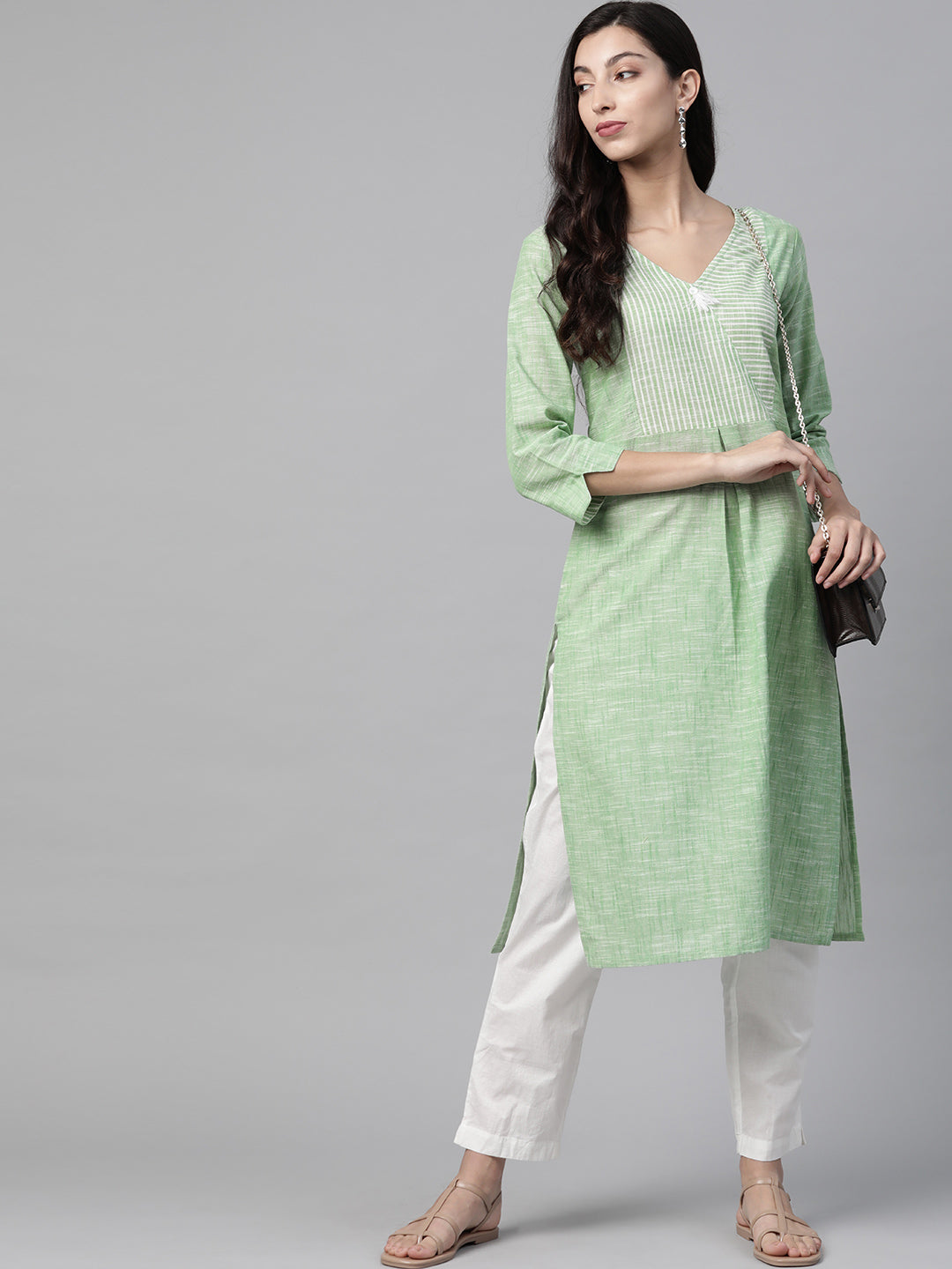 Jompers Women Green Pure Cotton Striped Pleated Kurta - Distacart