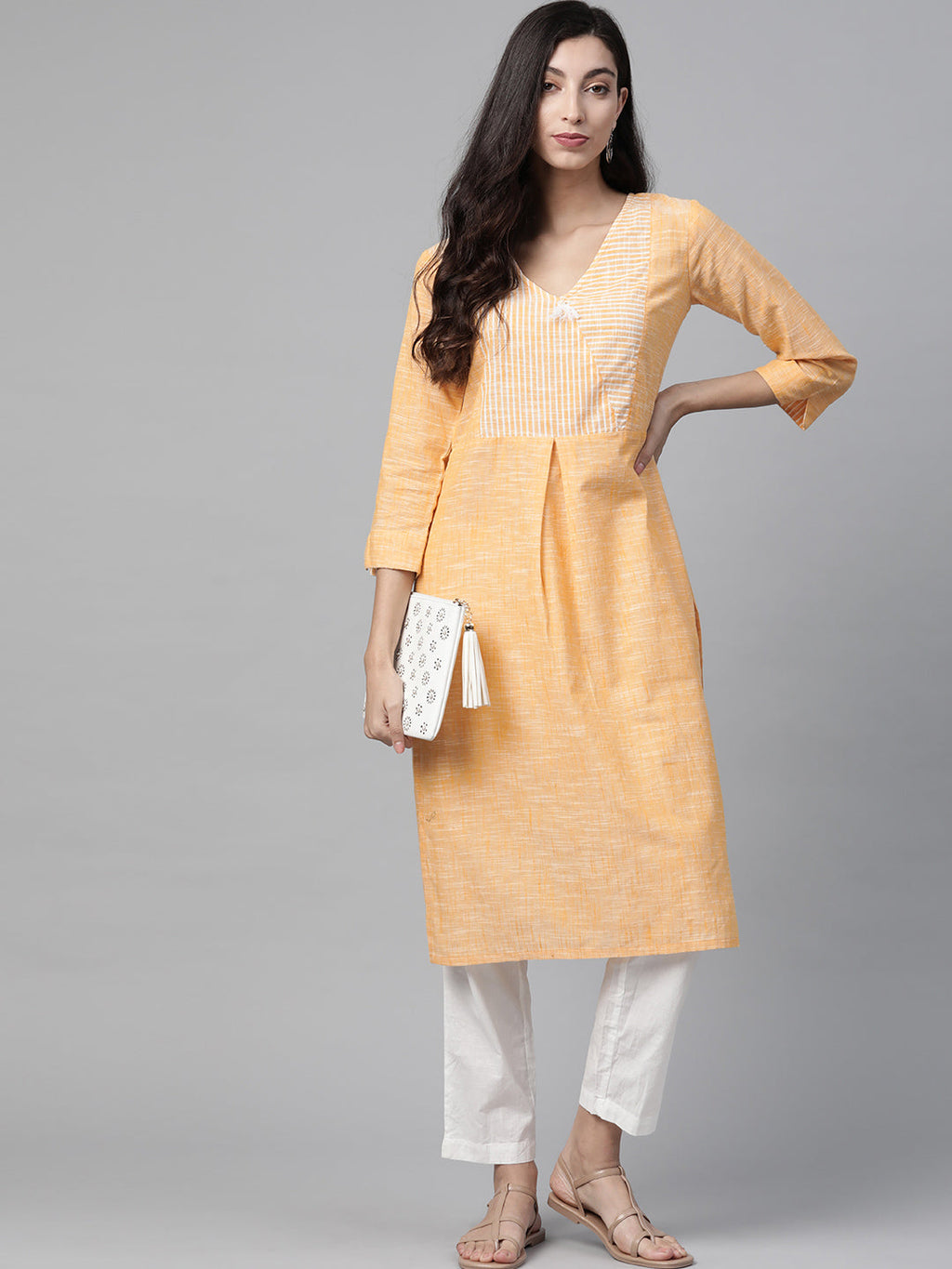 Jompers Women Yellow Pure Cotton Striped Pleated Kurta - Distacart