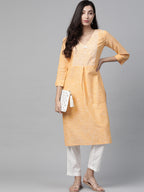 Jompers Women Yellow Pure Cotton Striped Pleated Kurta - Distacart