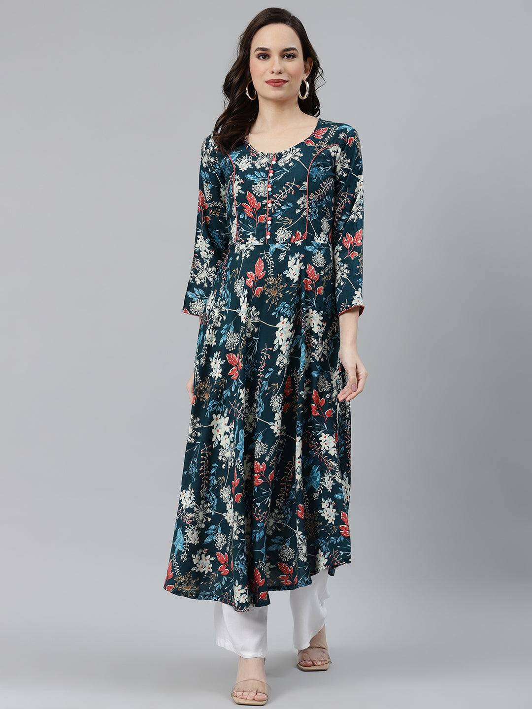 Jompers Women Blue & Pink Floral Printed Floral Anarkali Kurta - Distacart