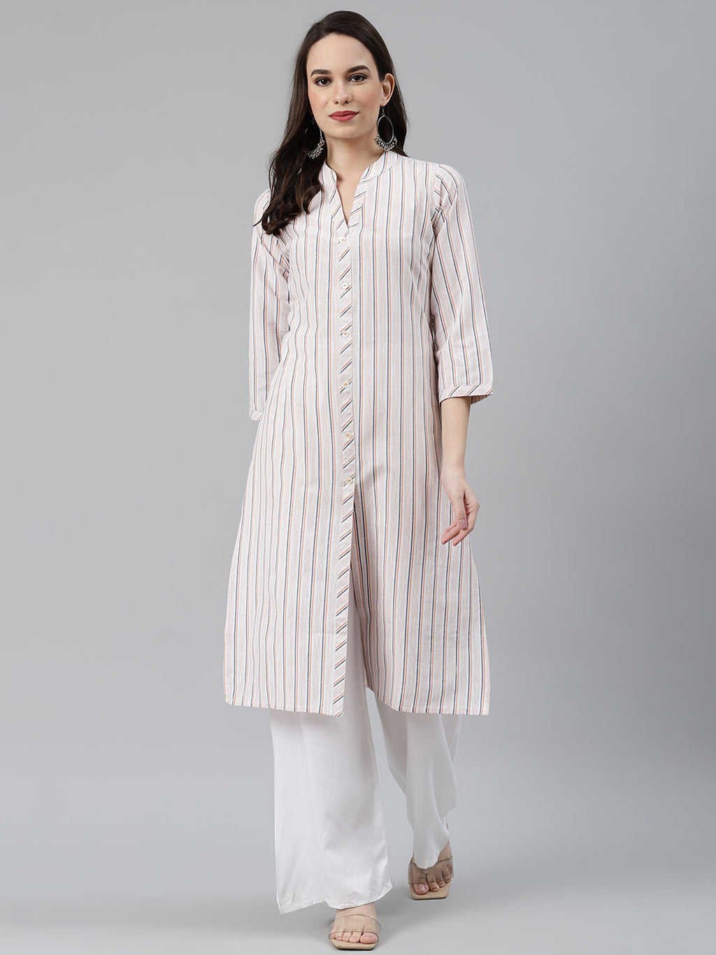 Jompers Women White & Orange Striped Indigo Fusion Kurta - Distacart