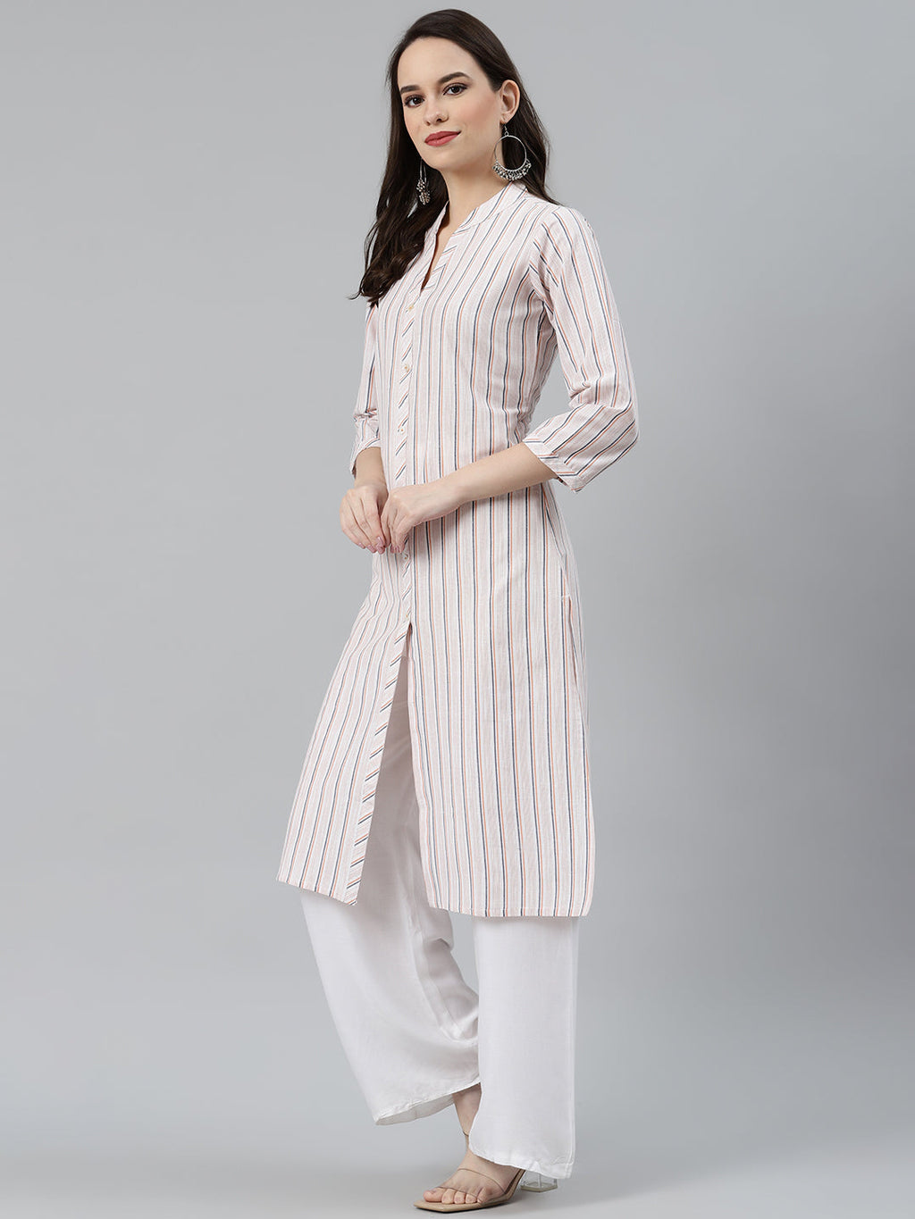 Jompers Women White & Orange Striped Indigo Fusion Kurta - Distacart