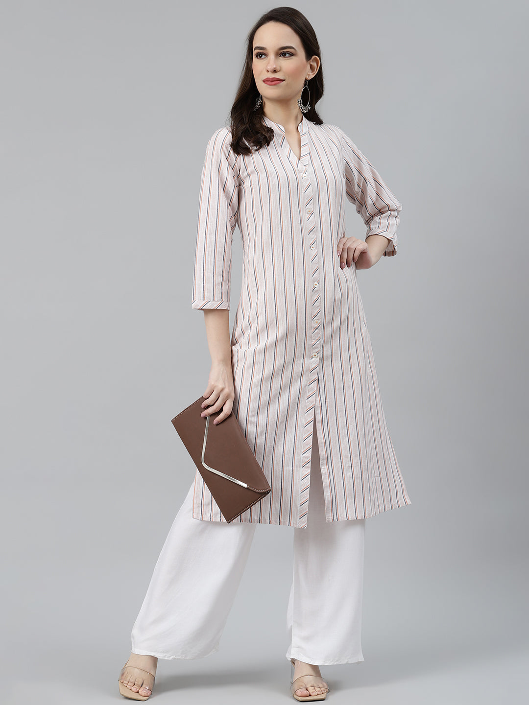 Jompers Women White & Orange Striped Indigo Fusion Kurta - Distacart