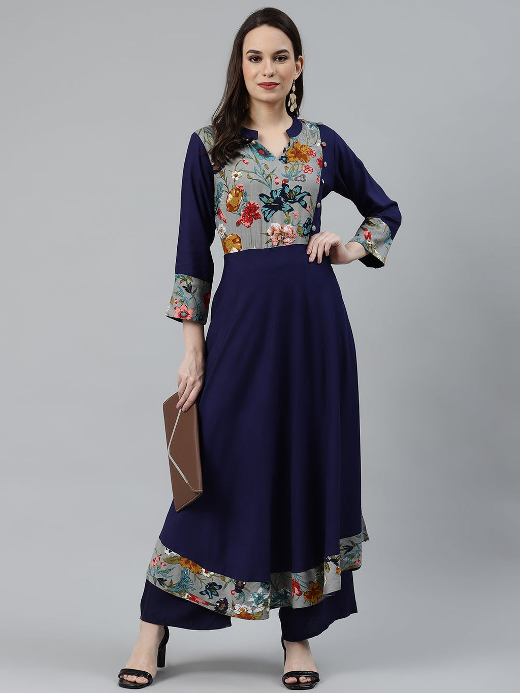 Jompers Women Navy Blue & Grey Floral Printed Yoke Design Anarkali Kurta - Distacart