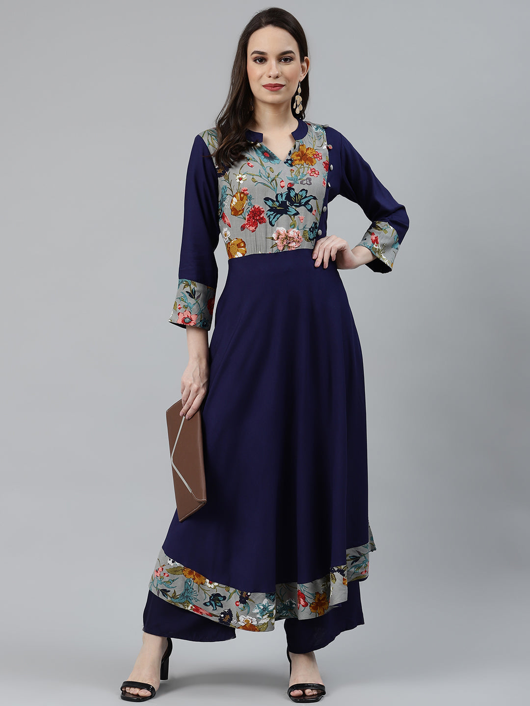 Jompers Women Navy Blue & Grey Floral Printed Yoke Design Anarkali Kurta - Distacart