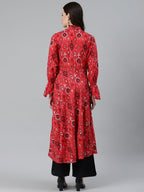 Jompers Women Coral Red & Black Ethnic Motifs Printed Angrakha Anarkali Kurta - Distacart