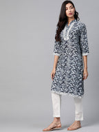 Jompers Women Navy Blue & Off White Ethnic Motifs Printed Kurta - Distacart