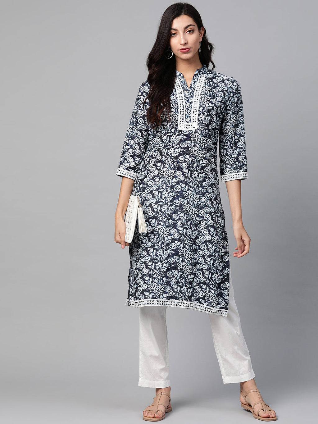 Jompers Women Navy Blue & Off White Ethnic Motifs Printed Kurta - Distacart