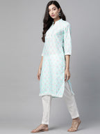 Jompers Women Sky Blue & Off White Floral Printed Kurta - Distacart