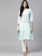 Jompers Women Sky Blue & Off White Floral Printed Kurta - Distacart