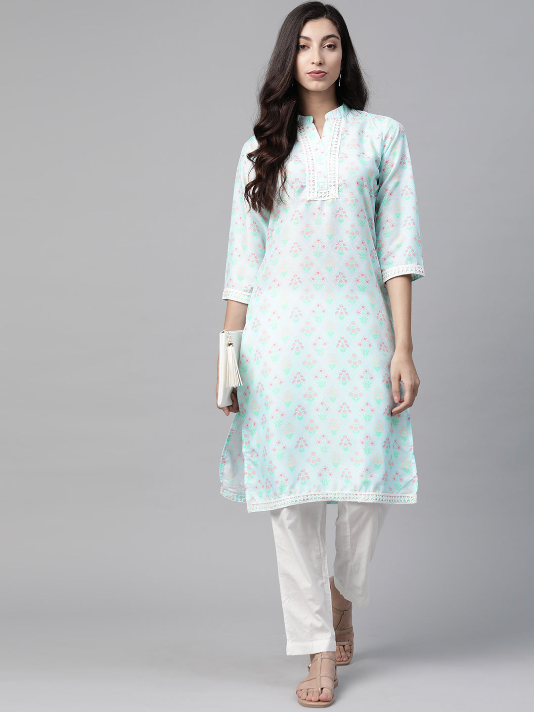 Jompers Women Sky Blue & Off White Floral Printed Kurta - Distacart