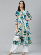 Jompers Women Off White & Blue Floral Printed Floral Anarkali Kurta - Distacart