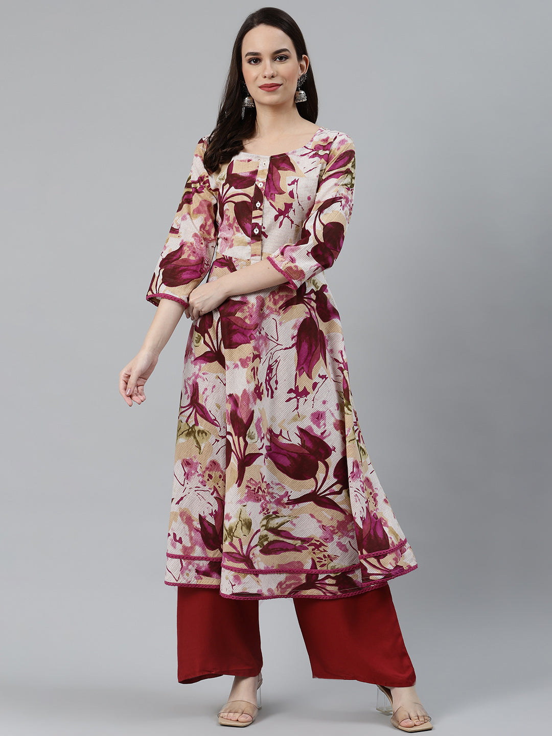 Jompers Women Off White & Purple Floral Printed Floral Anarkali Kurta - Distacart