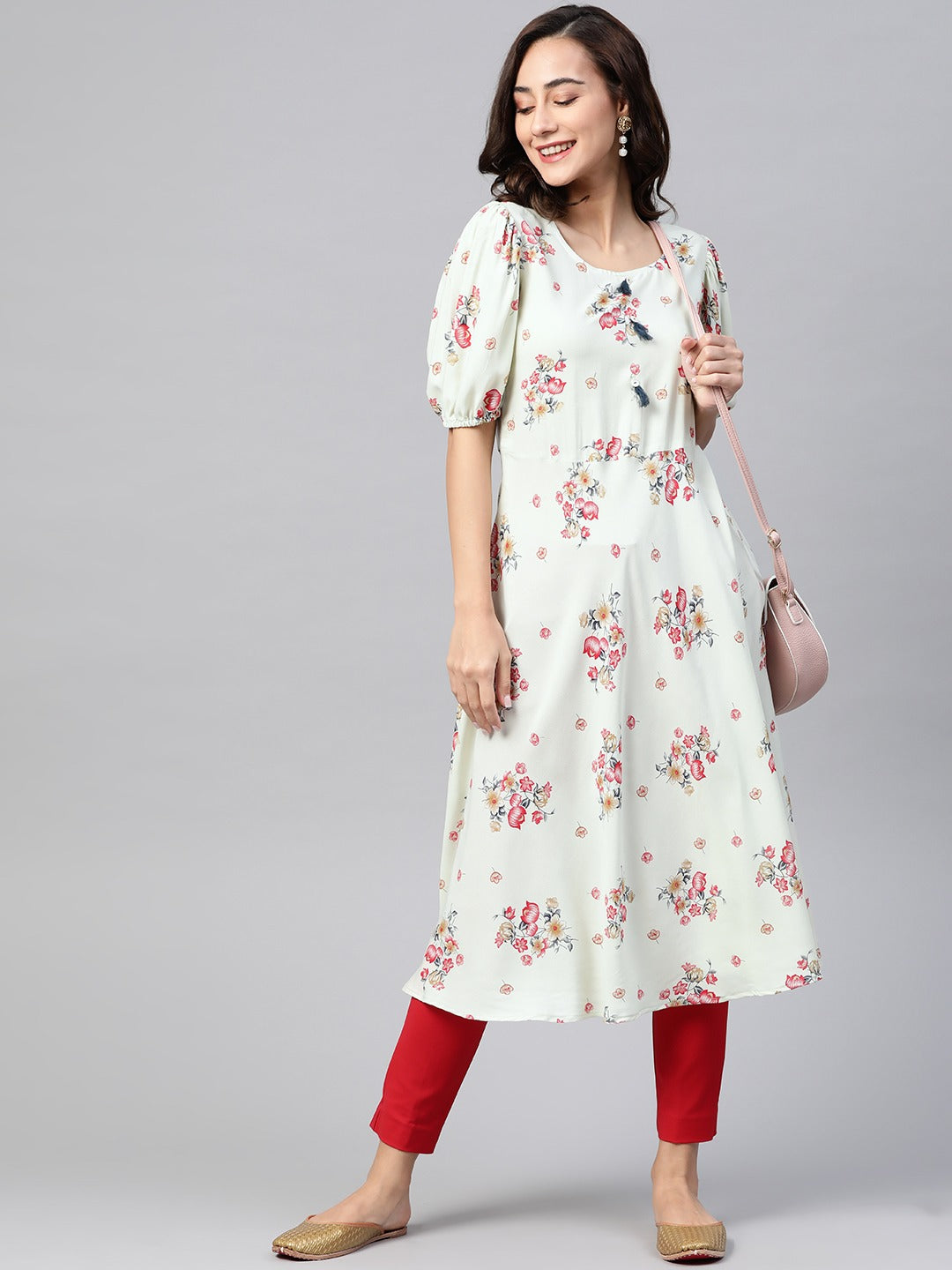 Jompers Women Green & Red Floral Printed A-Line Kurta - Distacart