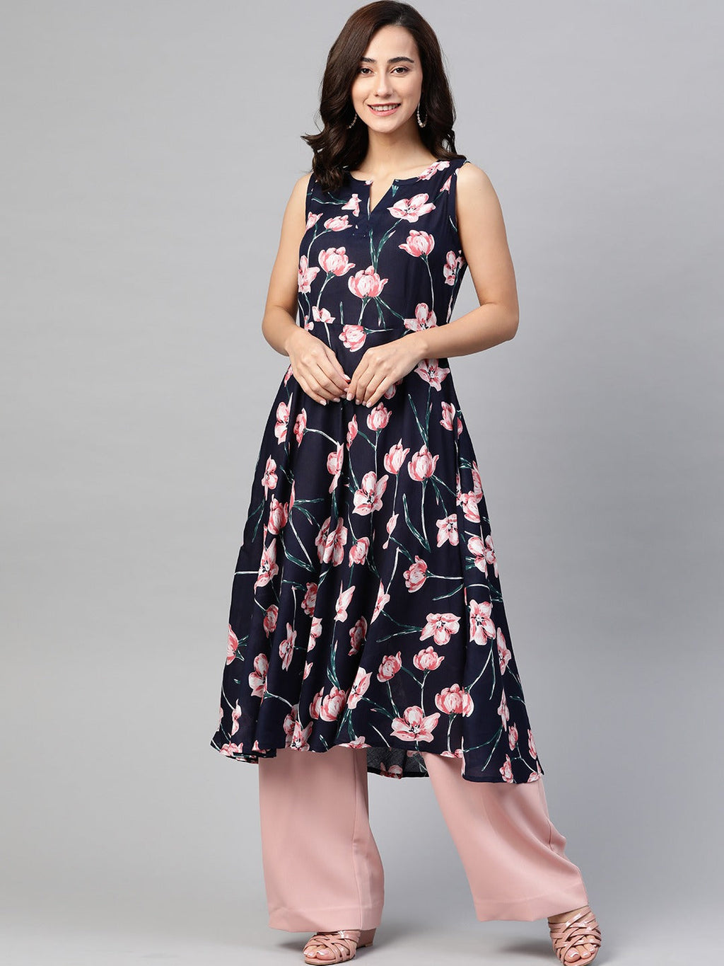 Jompers Women Navy Blue & Pink Floral Printed A-Line Kurta - Distacart