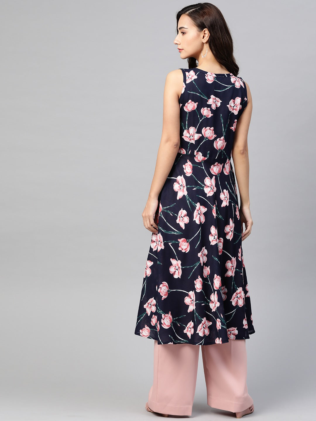 Jompers Women Navy Blue & Pink Floral Printed A-Line Kurta - Distacart