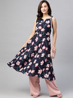 Jompers Women Navy Blue & Pink Floral Printed A-Line Kurta - Distacart