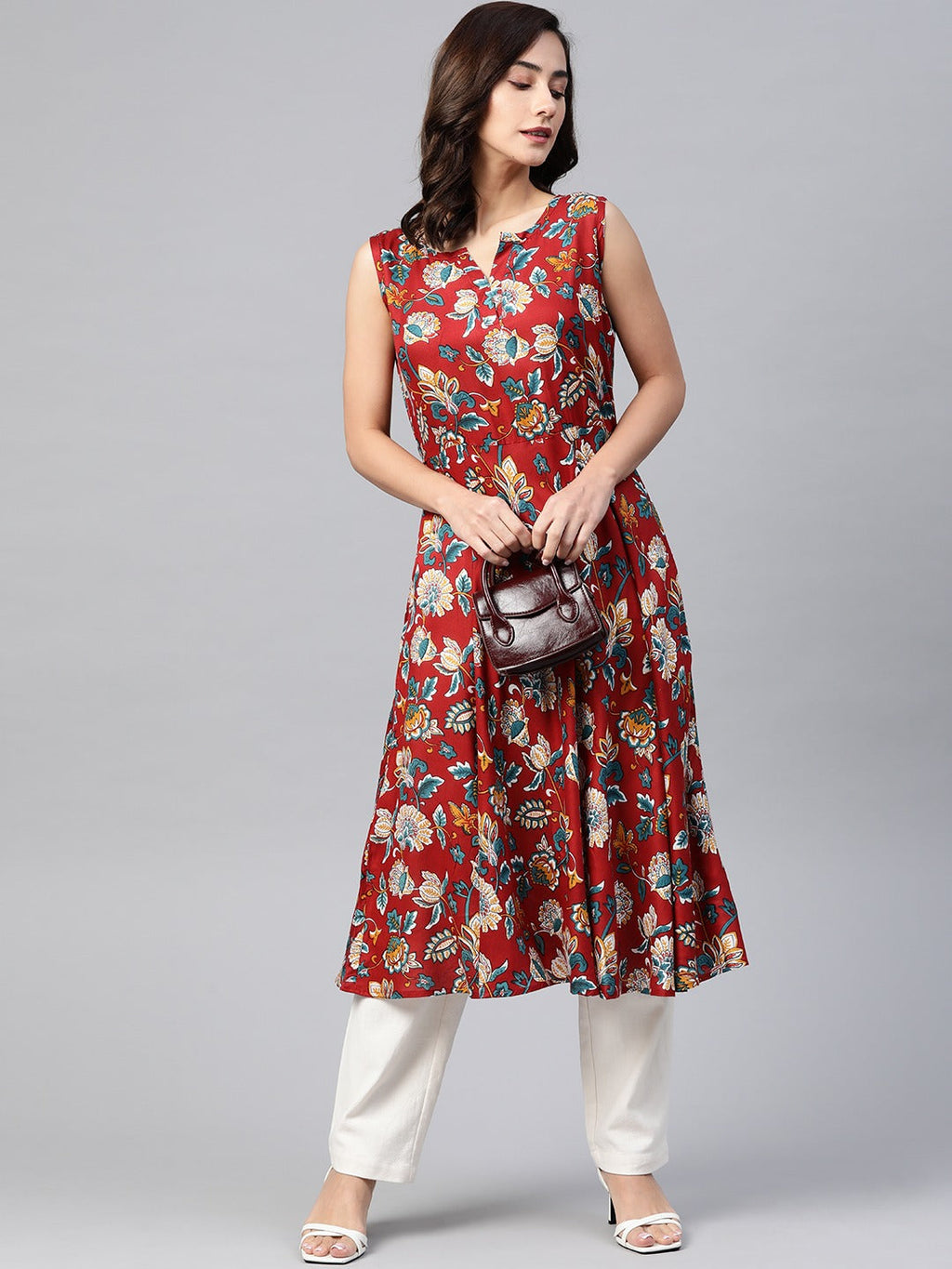 Jompers Women Maroon & Blue Ethnic Motifs Printed Flaired Kurta - Distacart