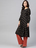 Jompers Women Black & Mustard Yellow Floral Printed A-Line Kurta - Distacart