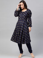Jompers Women Navy & Mustard Yellow Floral Printed A-Line Kurta - Distacart