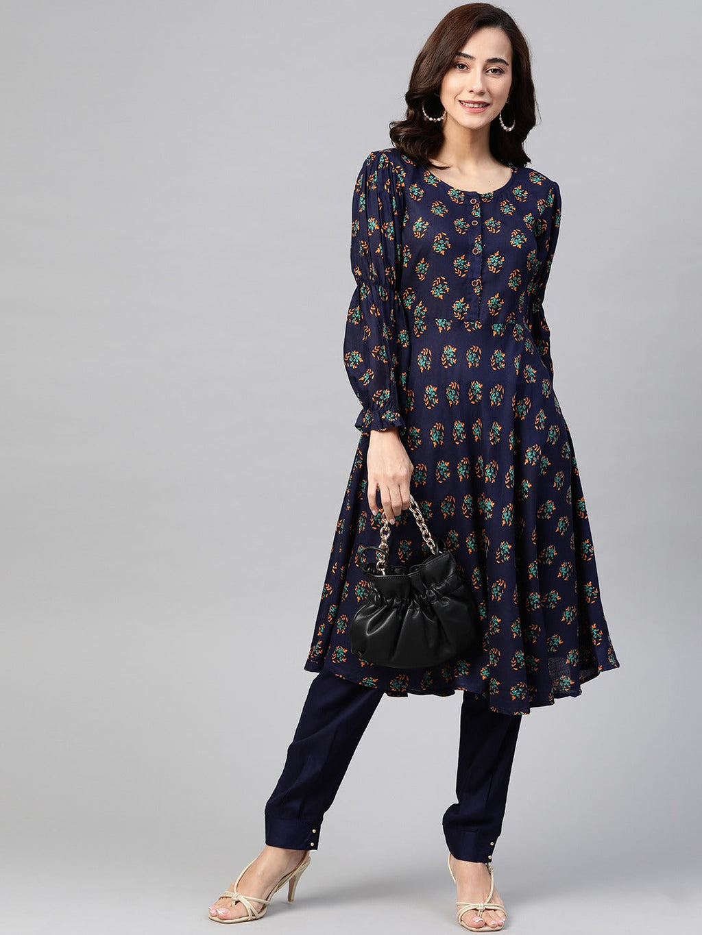 Jompers Women Navy & Mustard Yellow Floral Printed A-Line Kurta - Distacart